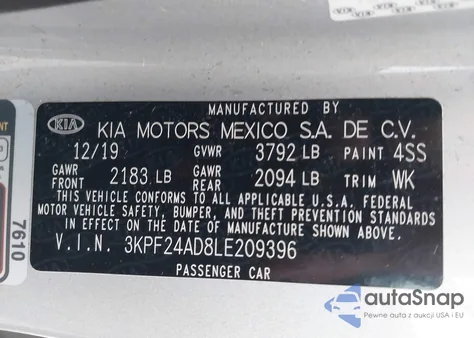 2020 Kia Forte Lxs from USA, damaged, VIN 3KPF24AD8LE209396